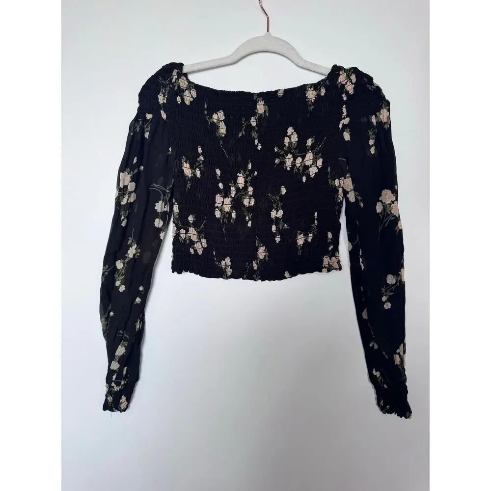 Reformation Milan Smocked Crop Top blouse Black Floral medium smocked romantic